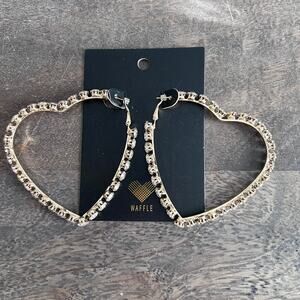 New Waffle Clear Rhinestone Studded Gold Heart Large Hoop Earrings